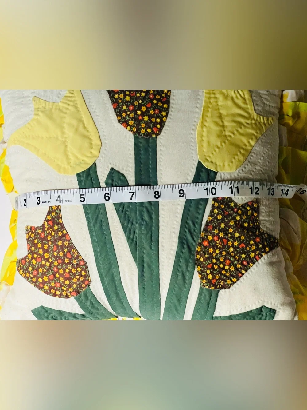 Vintage set of twoYellow Tulip Quilted Pillows with Ruffle Trim